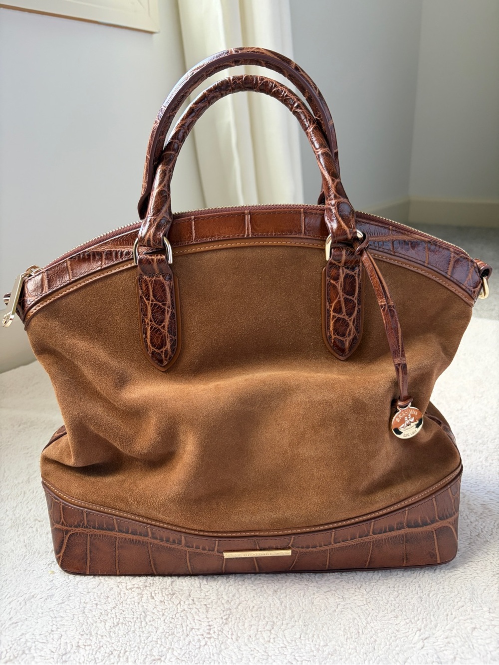 Like New Brahmin Suede and Croc-Embossed Leather Top-Handle Satchel in Brown